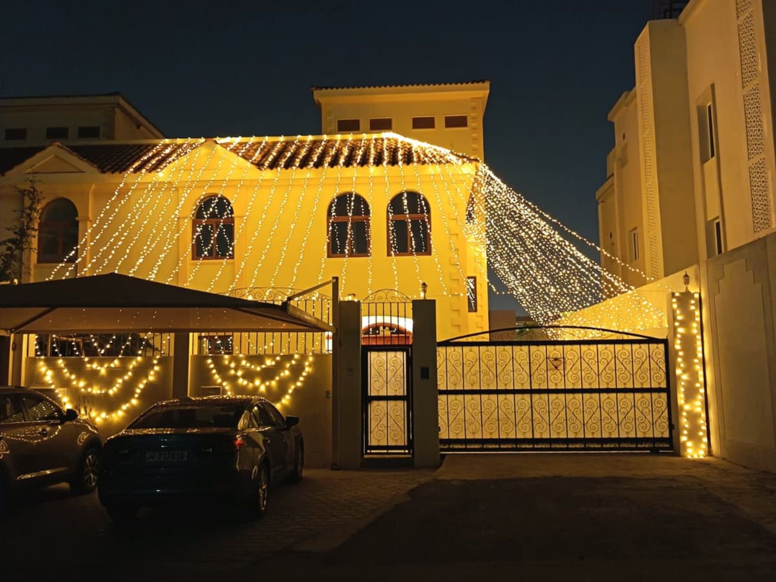 Home stunning villa transformation with wedding fairy lights in al duhail, doha qatar event lighting
